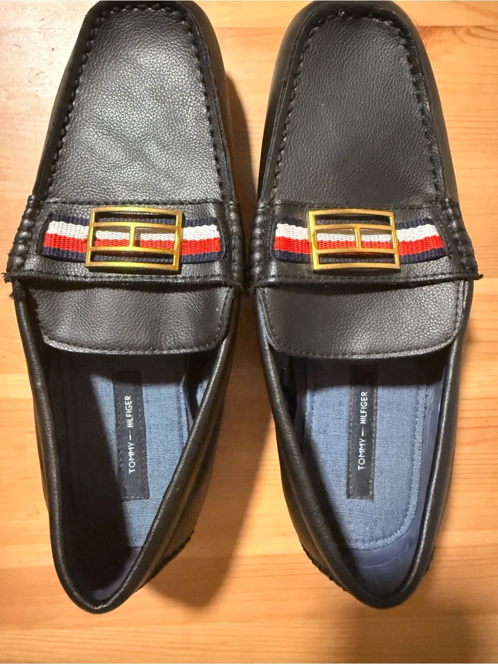 Tommy Hilfiger Black Faux Le Loafers with Red-White-Blue Ribbon and Gold Buckle